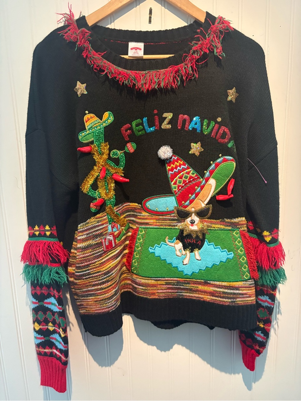 Feliz Navidad Black Holiday Sweater with Colorful Embellishments womens L